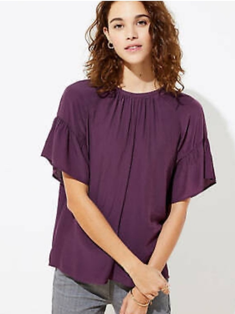 LOFT Purple Keyhole Back Tie Ruffle Sleeve Top Size Medium